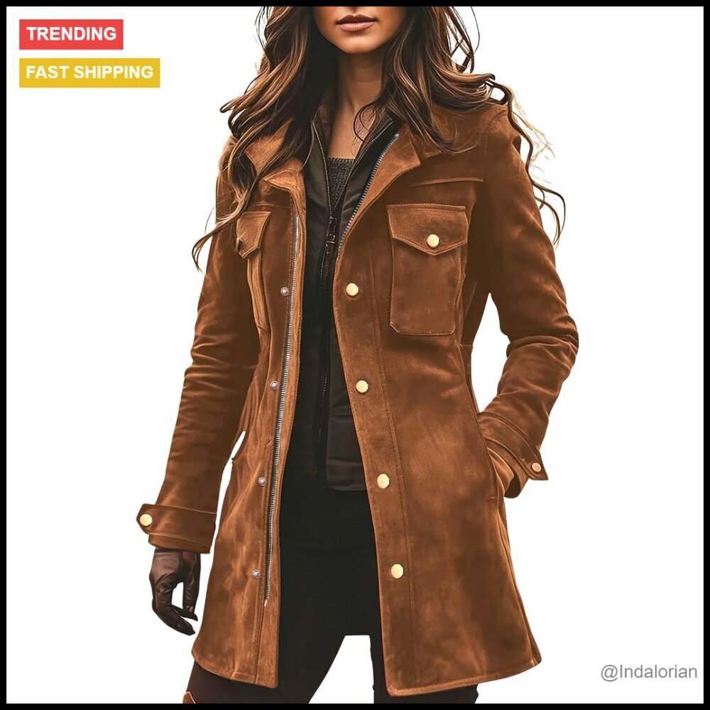 Faux Suede Slim Fit Zip Up Utility Jacket Long Sleeve Mid Length Shacket